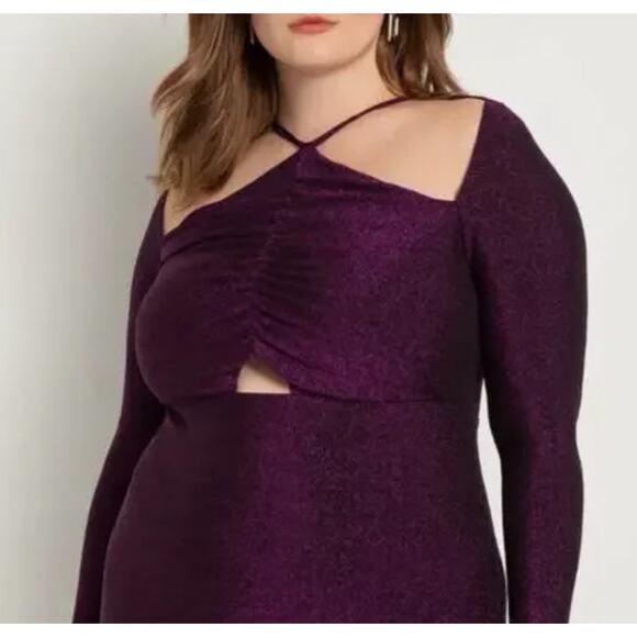 Eloquii Purple Metallic Sparkly Pencil Dress Chest Cutouts Slit Long Sleeve 14 - Picture 2 of 12